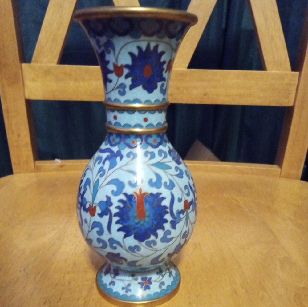 Antique Chinese Cloissone Vase with Blue and Red Floral Design